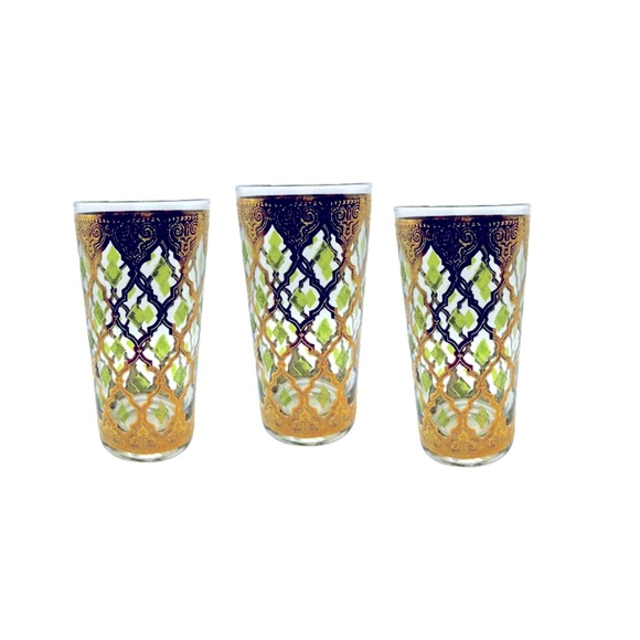 Culver Valencia 15oz Highball Cocktail Glasse Green 22K Overlay Set of 3 Vintage - Picture 1 of 1